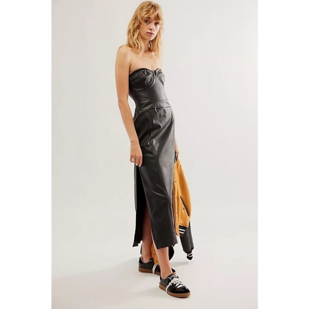 52. Free People Mira Dress Faux Leather Strapless size 10